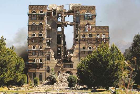 A picture taken yesterday shows the damage after a reported air strike carried out by the Saudi-led coalition targeted the presidential palace in Yemenu2019s Houthi rebel-held capital Sanaa. The war has already produced what the UN calls the worldu2019s biggest humanitarian crisis.