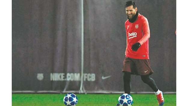 Barcelona superstar forward Lionel Messi attends a training session in Barcelona yesterday, on the eve of their Champions League match against Tottenham Hotspur. (AFP)