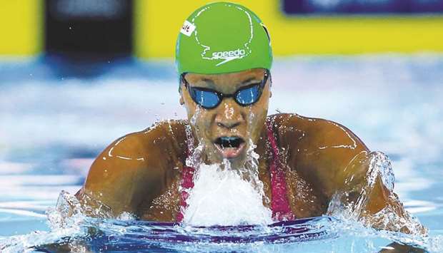 Alia Atkinson of Jamaica competes in the womenu2019s 50m breaststroke finals at the 14th FINA World Swimming Championships (25m) in Hangzhou, China, yesterday. (Reuters)