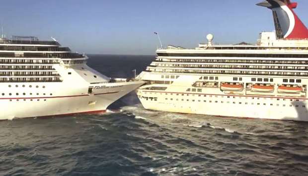 Carnival Glory cruise ship crashes into Carnival Legend at Cozumel cruise port, Mexico yesterday, in this still image taken from a video obtained from social media.