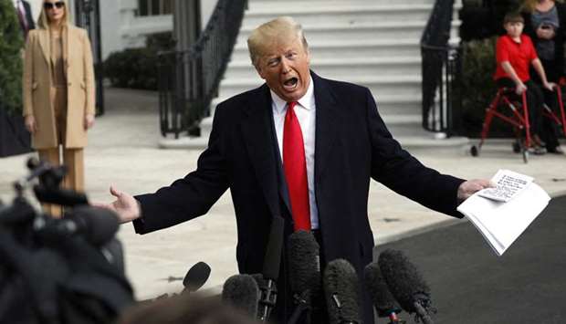 FLUSTERED: US President Donald Trump speaks to the media about the impeachment hearings on the South Lawn of the White House in Washington before his departure to Austin, Texas in November 2019.