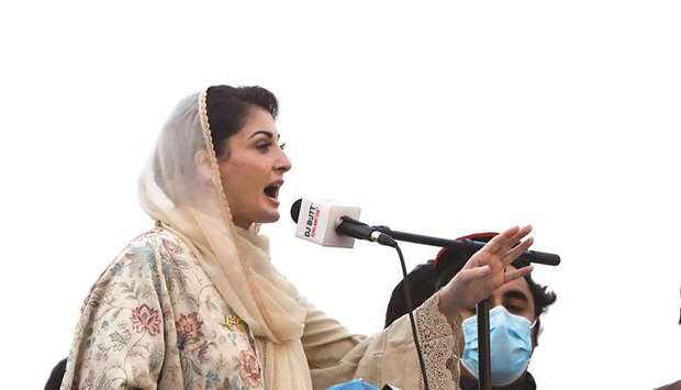Maryam Nawaz gestures during a speech at a protest rally against the ruling Pakistan Tehreek-e-Insaf  in Peshawar last month. (Reuters file photo)