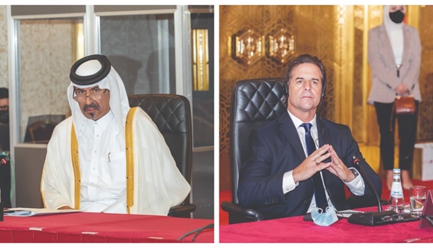 Qatar Chamber first vice-chairman Mohamed bin Towar al-Kuwari, left, and Uruguay President Dr Luis A Lacalle Pou.