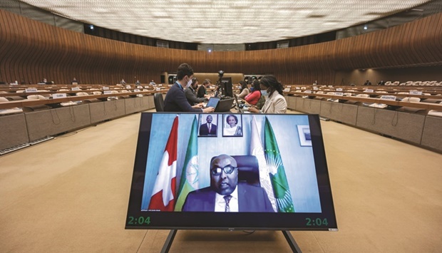 Ethiopiau2019s ambassador Zenebe Kebede (on screen) delivers a speech remotely during a UN meeting in Geneva yesterday.