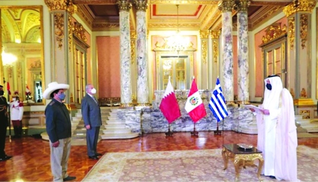 Peru's President Pedro Castillo Terrones receives the credentials of Jabor bin Abdullah al-Suwaidi as Qatar ambassador in Lima.