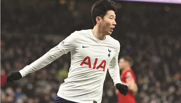 Tottenham Hotspuru2019s South Korean striker Son Heung-Min celebrates scoring his teamu2019s second goal against Liverpool in the Premier League match at Tottenham Hotspur Stadium in London yesterday. (AFP)