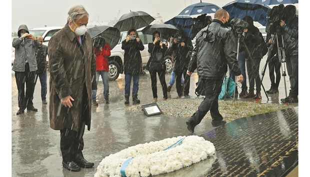 UN Secretary-General Antonio Guterres lays a wreath yesterday at the site of the August 4, 2020 cataclysmic port explosion that ravaged the Lebanese capital Beirut.