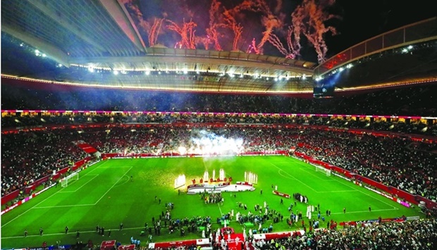 Fireworks go off after Algeria won the FIFA Arab Cup 2021 final against Tunisia at Al Bayt Stadium in Al Khor on Saturday. AFP