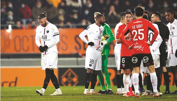 PSGu2019s Sergio Ramos walks off the pitch after a red card during the Ligue 1 match against Lorient at Stade du Moustoir, Lorient, France, on Wednesday. (Reuters)