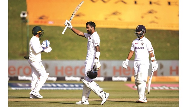 Indiau2019s KL Rahul (centre) celebrates after scoring a century during the first day of the first Test against South Africa at the SuperSport Park in Centurion yesterday. (AFP)