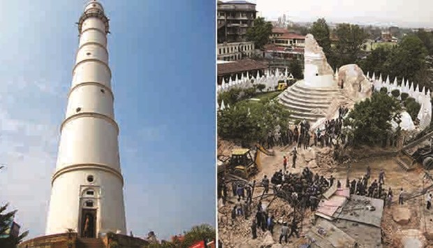 Then and now: The Dharahara Tower destroyed by an earthquake in April 2015.