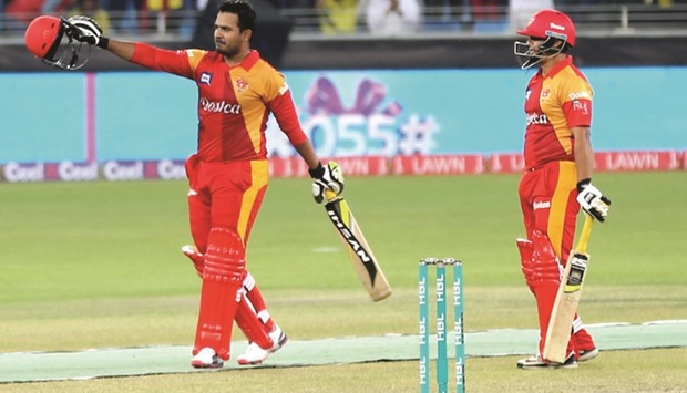 Sharjeel Khan celebrates his century. The Islamabad United player is the first to hit a century in the PSL. (PCB)