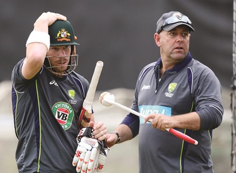 Australiau2019s coach Darren Lehmann (right) with batsman David Warner.