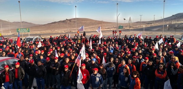 Workers of the Escondida copper mine start an indefinite strike in Antofagasta, Chile, on February 9, 2017. Workers at the worldu2019s largest copper mine, BHP Billitonu2019s Escondida in Chile, began an indefinite strike Thursday to demand pay increases, prompting concerns on world commodity markets.