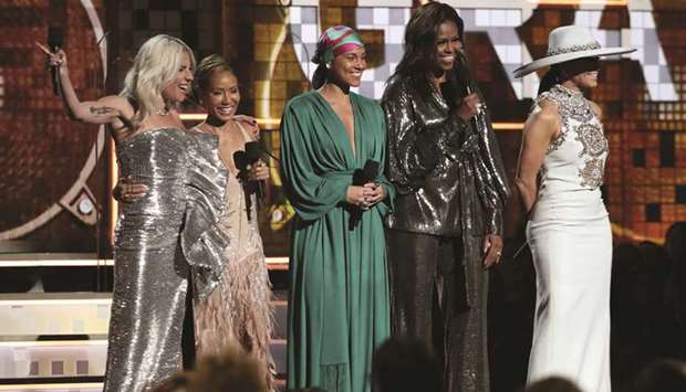STARS: From left, Lady Gaga, Jada Pinkett Smith, Alicia Keys,  Michelle Obama and Jennifer Lopez at the Grammys.