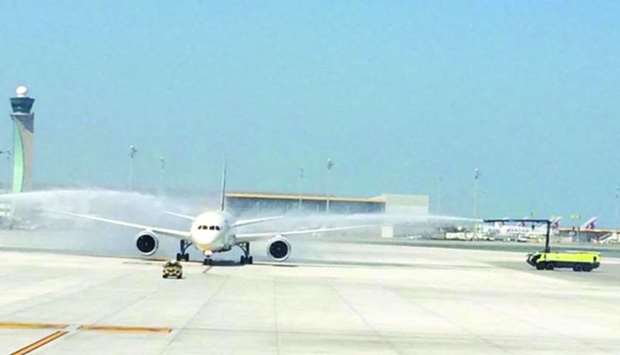 Air India's state-of-the-art Boeing 787 Dreamliner from Mumbai being given a water cannon salute at the Hamad International Airport.