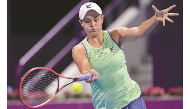 World No 1 Ashleigh Barty of Australia plays a forehand en route to her win over German Laura Siegemund at the Qatar Total Open yesterday.  PICTURE: Noushad Thekkayil