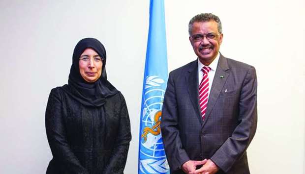 HE the Minister of Public Health Dr Hanan Mohamed al-Kuwari with the WHO director-general Dr Tedros Adhanom Ghebreyesus in Geneva.