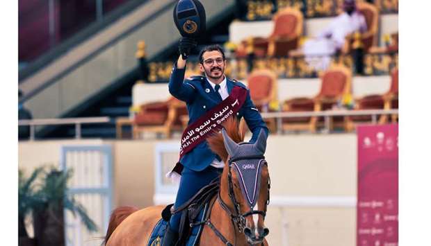 Hamad Nasser al-Qadi celebrates after riding Electra B to win the Big Tour title and with it the Amir Sword in HH The Amir Sword Equestrian Festival at Qatar Equestrian Federationu2019s outdoor arena in Al Rayyan last evening.