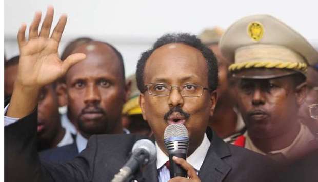 Somalia's newly-elected President Mohamed Abdullahi Farmajo addresses lawmakers after winning the vote at the airport in Somalia's capital Mogadishu, February 8, 2017
