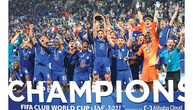 Chelseau2019s players celebrate with their trophy after winning the FIFA Club World Cup in Abu Dhabi yesterday. (AFP)