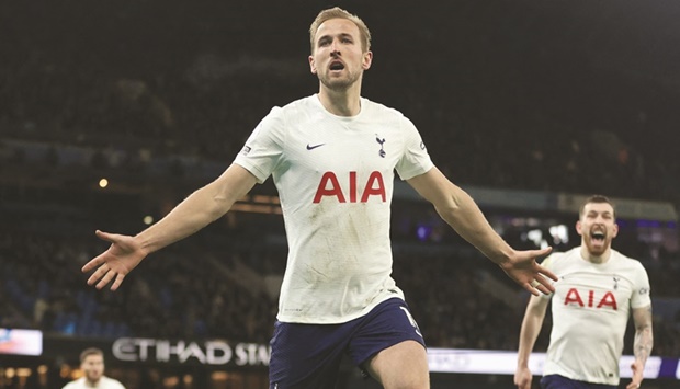 Tottenham Hotspuru2019s Harry Kane celebrates after scoring against Manchester City in the Premier League yesterday. (Reuters)