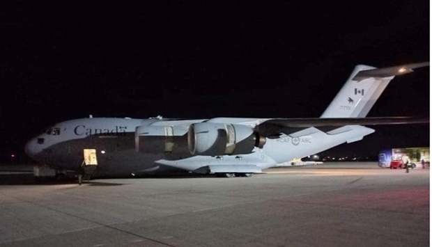 Canada's military aid is unloaded from a C17 Globemaster III plane at an airport outside Lviv, February 19. Press service of the Ukrainian Armed Forces General Staff/Handout via REUTERS