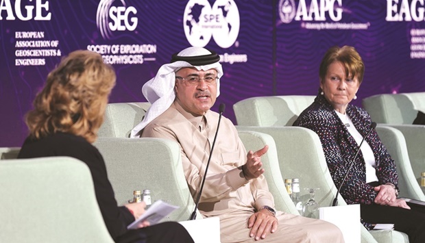 President and CEO of Saudi Aramco, Amin H Nasser, speaks during the opening session of the International Petroleum Technology Conference (IPTC) as other delegates look on, in Riyadh on Monday.