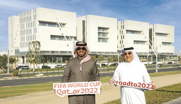 Sheikh Nasser bin Hamad al-Thani and architect Ibrahim M Jaidah in front of the iCONIC 2022 structure in Doha Sports City.