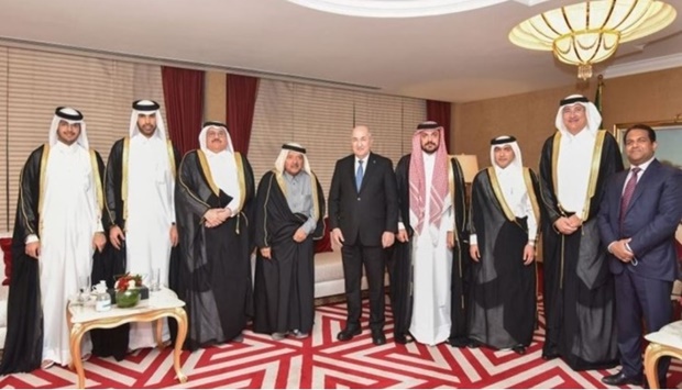 QBA chairman Sheikh Faisal bin Qassim al-Thani and Algerian President Abdelmadjid Tebboune are joined by QBA members on the sidelines of the 6th Summit of Gas Exporting Countries Forum held in Doha.