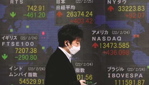 A man walks past an electronic board displaying Russian Trading System (RTS) Index, Japanu2019s Nikkei index and the Dow Jones Industrial Average outside a brokerage in Tokyo. The Nikkei 225 closed up 2.0% to 26,476.50 points yesterday.