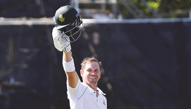 South Africau2019s Sarel Erwee celebrates reaching his century during Day One of the second Test against New Zealand at Hagley Oval in Christchurch yesterday. (AFP)