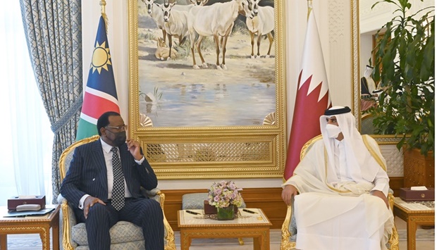 His Highness the Amir Sheikh Tamim bin Hamad Al-Thani and the President of the Republic of Namibia Hage Geingob hold official talks at the Amiri Diwan