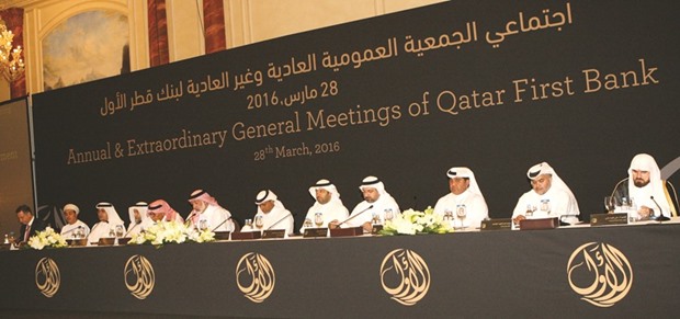 The QFB board addressing the shareholders at the AGM yesterday. QFB, expected to be listed on the Qatar Stock Exchange by April end, is keen on strengthening its private equity business.