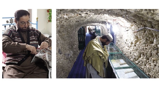 Haji Abdul Sammad Lehri cuts verses of the Holy Quru2019an from a newspaper at his residence in Quetta. Right: A Pakistani devotee visiting a tunnel where ancient copies of the Quru2019an are preserved in Jabal-e-Noor on the outskirts of Quetta. A honeycomb of tunnels in the mountain burst with cases of Quru2019an, hidden safe from desecration.