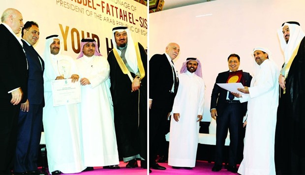 Left: Ali Abdullah al-Khater and Mohamed Mubarak al-Noimi, receive Quality Improvement and Patient Safety Award for HMC. Right: Dr. Saleh al-Marri and Mohamed Mubarak al-Noimi receive the Excellence Award for Health Awareness for MoPH