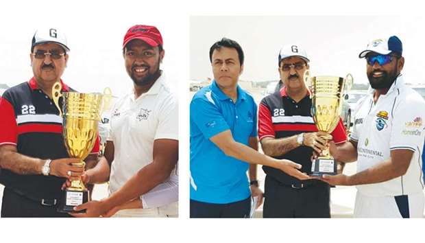 Selex captain (right) receives Division C trophy. Picture at right: Warriors Blue captain (right) receives Division B trophy from QCA Head of Domestic Cricket Gul Khan Jadoun. 