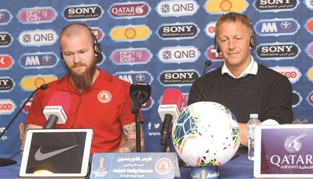 Al Arabi skipper Aron Gunnarsson (left) and coach Heimir Hallgrimsson at their pre-match press conference yesterday. At bottom, Al Ahli coach Nebojsa Jovovic.