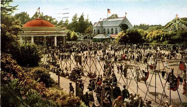 DOWN MEMORY LANE: Crowded Childrenu2019s Playground at Golden Gate Park in San Francisco, with the carousel and the Sharon Building in the background. With most indoor venues closed during the epidemic, parks and outdoor attractions became particularly important public places.