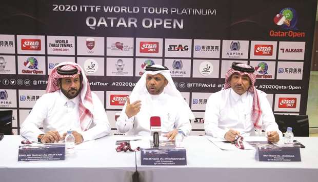 Qatar Table Tennis Federation (QTTF) president Khaleel al-Muhannadi (centre), tournament director Ali Sultan al-Muftah (left) and Thani al-Zarraa, the Director of the National Teams, address a press conference ahead of the Qatar Open.