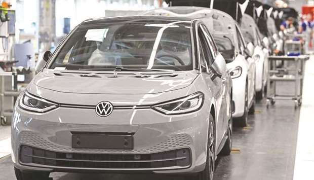 Volkswagen ID.3 electric cars seen at the assembly line at the VW plant in Zwickau, eastern Germany. Volkswagen aims to more than double deliveries of electric vehicles to 1mn this year, the company said.