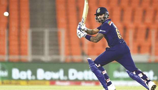 Indiau2019s Suryakumar Yadav plays a shot during the fourth Twenty20 match against England at the Narendra Modi Stadium in Ahmedabad yesterday. (AFP)