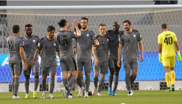 Al Wakrahu2019s Mohamed Benyettou (centre) celebrates with teammates after scoring against Al Sailiya in the Ooredoo Cup semi-final on Saturday.