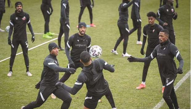 Qatar players train ahead of their European Zone qualifying match against Luxembourg in Debrecen, Hungary yesterday.