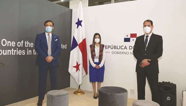 (From left) Panamanian ambassador Musa Asvat; Aileem Mejia Jovane, third secretary at Panama Ministry of Foreign Affairs; and Mahmoud Zayed, protocol officer at the Embassy of Panama in Qatar, at the Panama booth located inside AgriteQ 2021 venue.