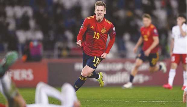 Spainu2019s forward Daniel Olmo celebrates after scoring against Georgia in Tbilisi yesterday.