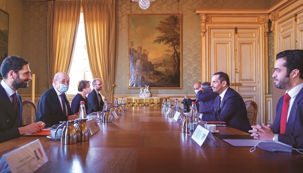 HE the Deputy Prime Minister and Minister of Foreign Affairs Sheikh Mohamed bin Abdulrahman al-Thani met on Thursday in Paris with Minister for Europe and Foreign Affairs of France Jean-Yves Le Drian.