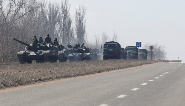 A convoy of pro-Russian troops during Ukraine-Russia conflict outside the separatist-controlled town of Volnovakha in the Donetsk region, Ukraine on March 12. REUTERS