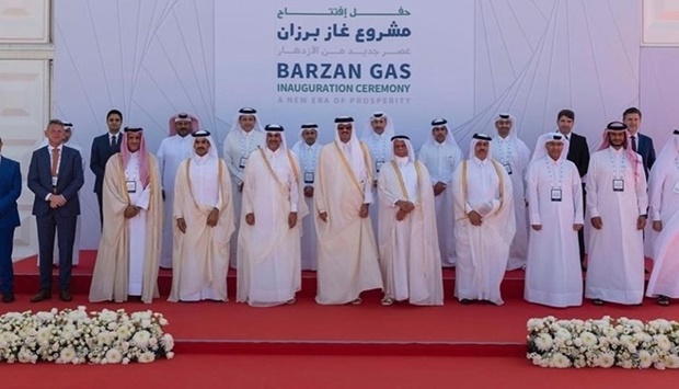 His Highness the Amir Sheikh Tamim bin Hamad al-Thani, HE the Prime Minister and Minister of Interior Sheikh Khalid bin Khalifa bin Abdulaziz al-Thani and other dignitaries at the opening of the Barzan Gas Plant at Ras Laffan Industrial City Tuesday