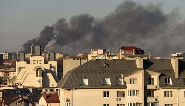 Smoke rises after an explosion in the western Ukrainian city of Lviv